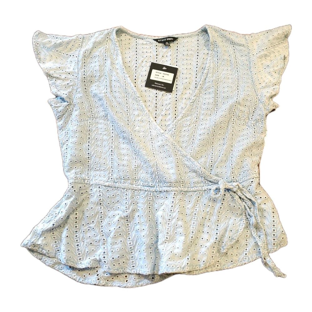 feminine splice wrap ruffle eyelet lace peplum top cottagecore light blue size m